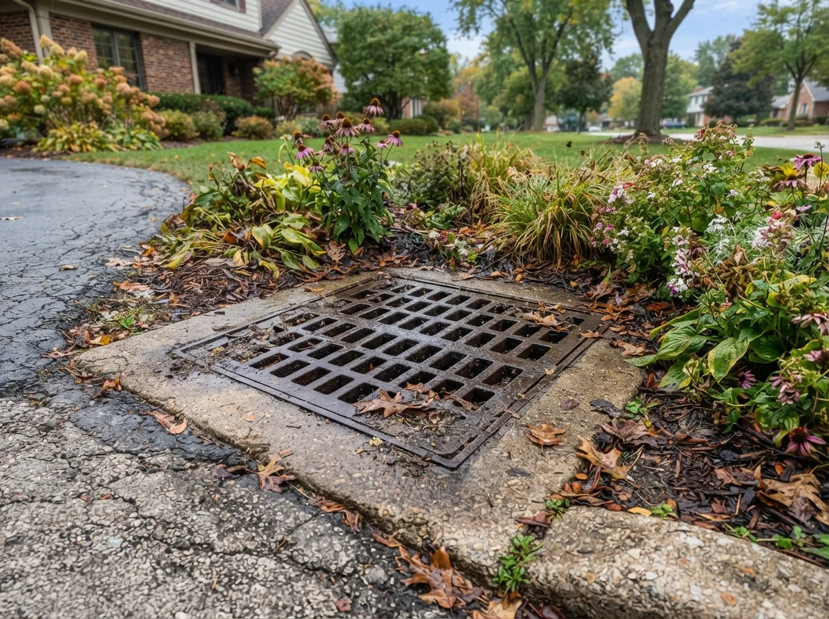 Cast iron catch basin grate at the edge of an asphalt driveway, partly covered with fallen leaves next to a landscaped garden bed