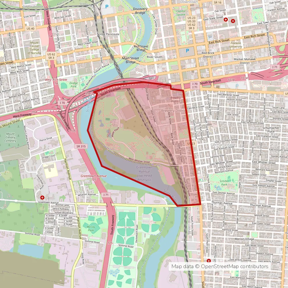 Service area map of Columbus Brewery District, Ohio