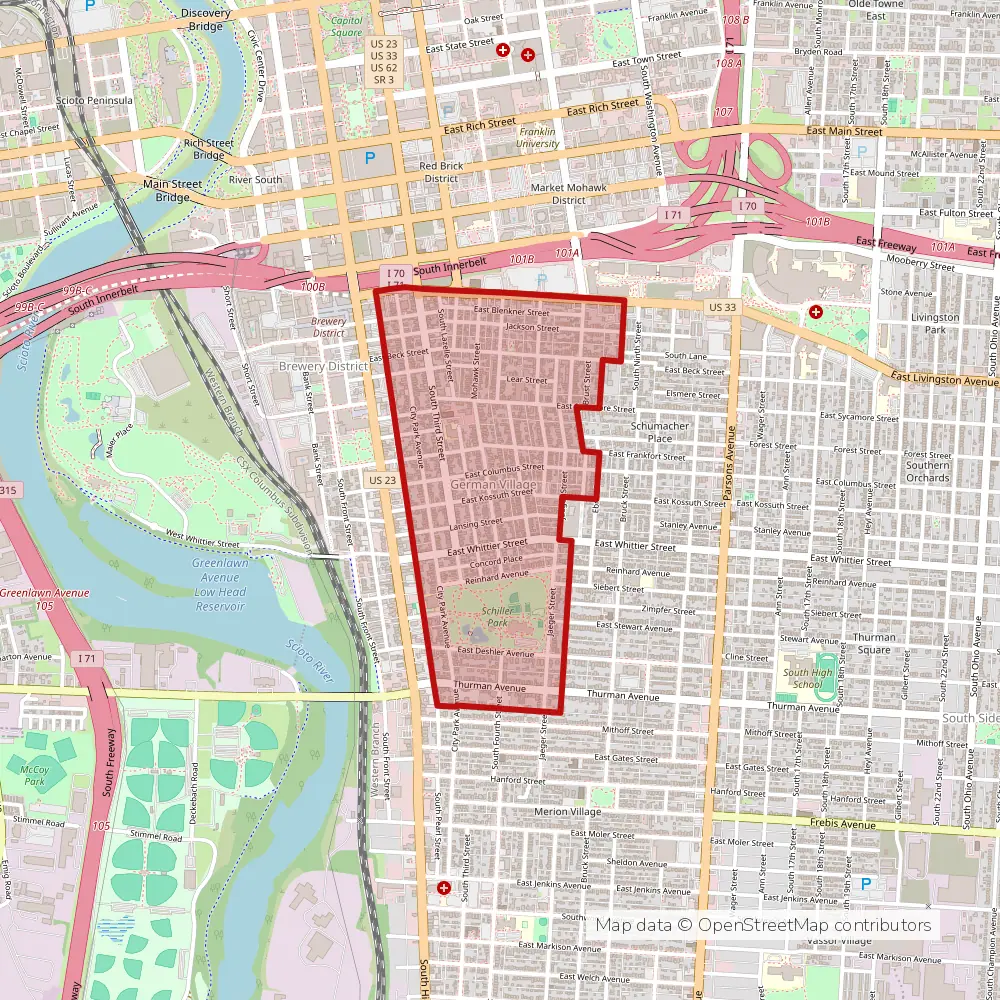 Service area map of Columbus German Village, Ohio