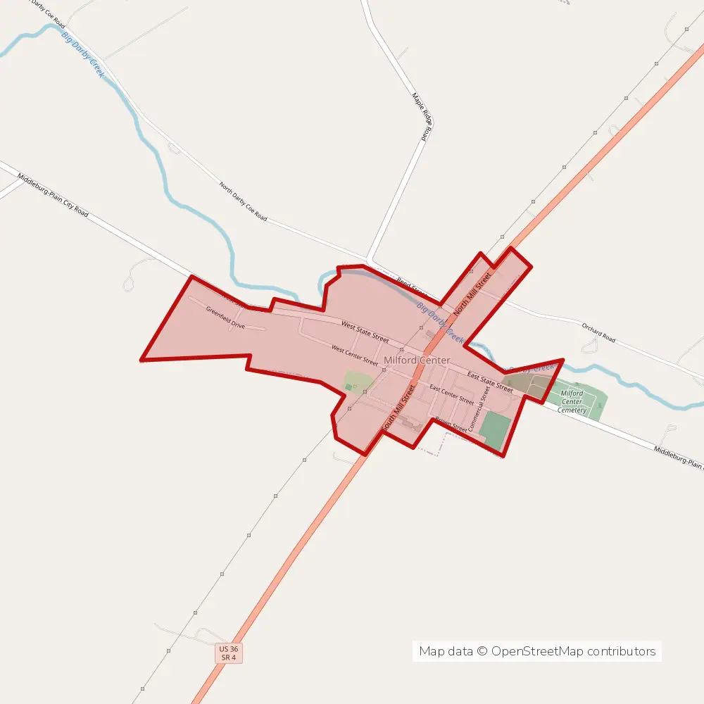 Service area map of Milford Center, Ohio