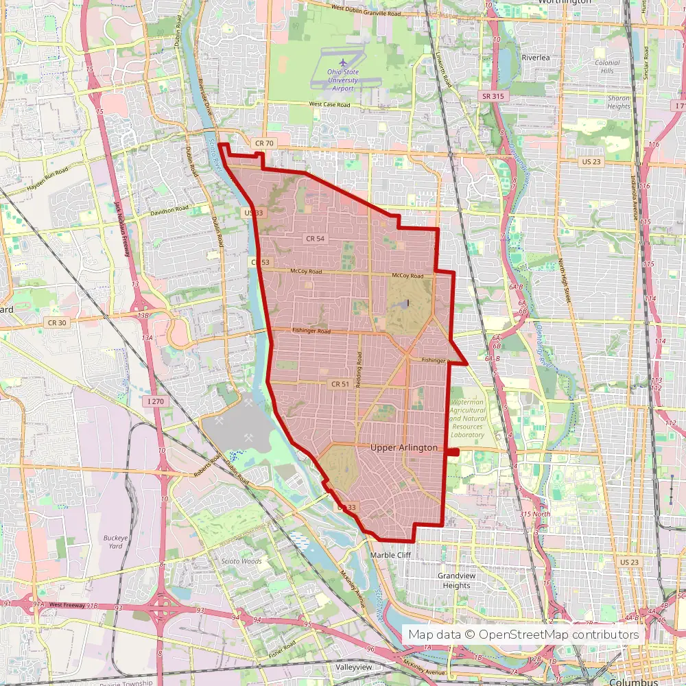 Service area map of Columbus Upper Arlington, Ohio