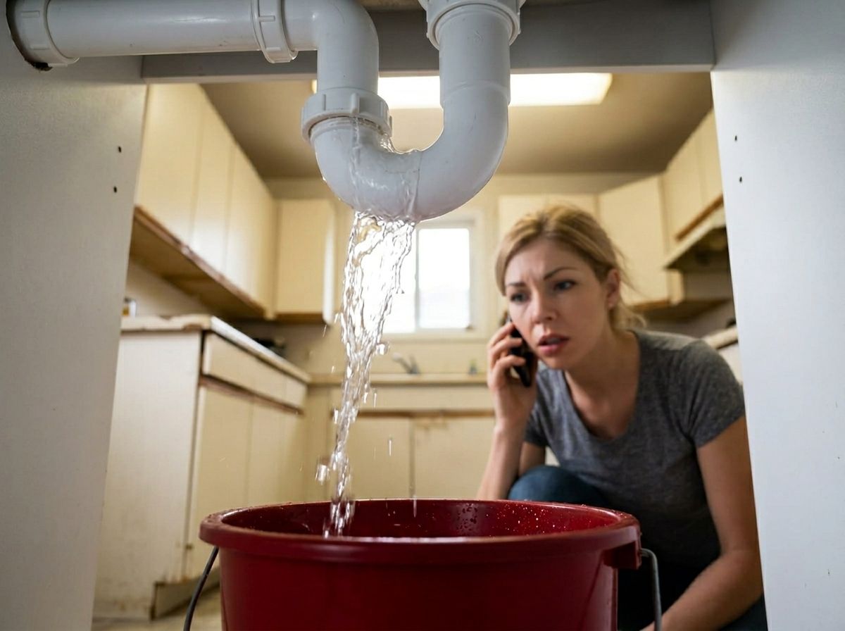 Woman kneeling by her kitchen sink, phone in hand, calling J. Blanton Plumbing for emergency service
