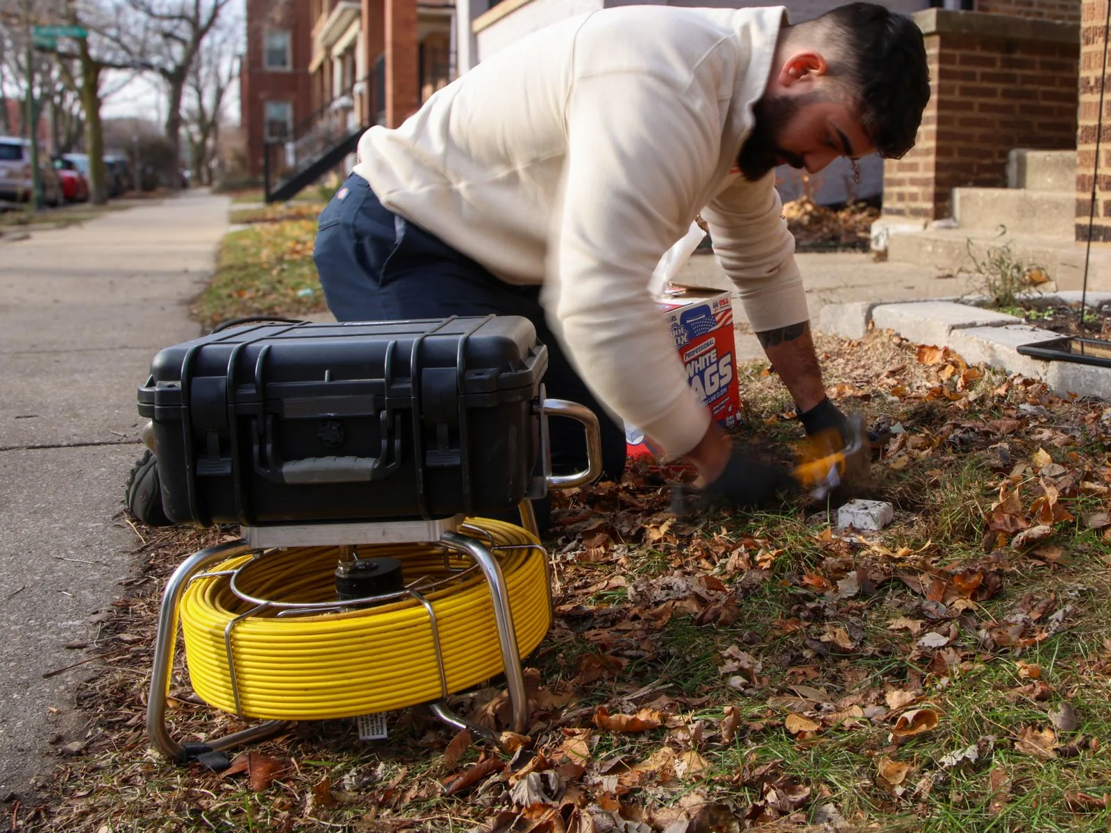 J. Blanton plumber opening an outdoor sewer cleanout in a front yard, with the sewer camera reel ready beside him