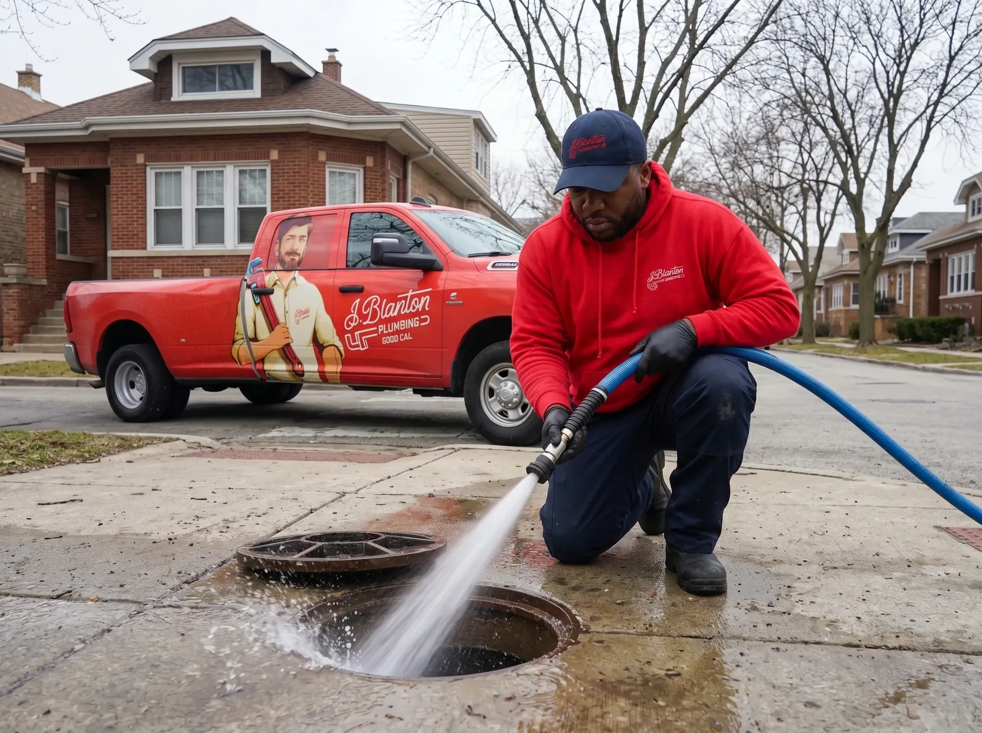 J. Blanton Plumbing technician hydro jetting a sewer line through a Chicago street manhole