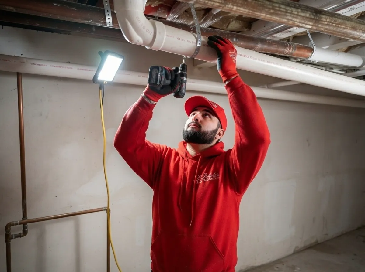 J. Blanton Plumbing technician installing an overhead sewer pipe along a basement ceiling