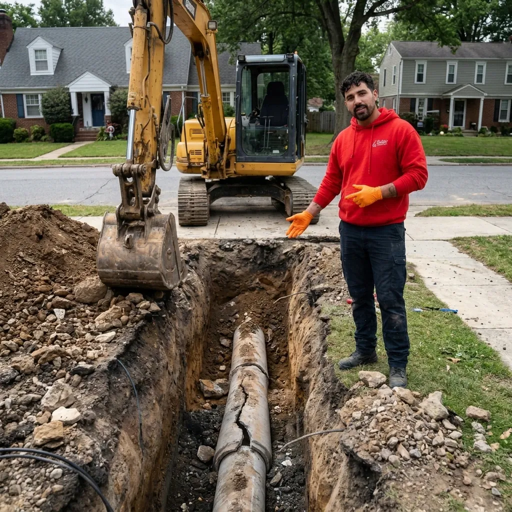Traditional sewer excavation: a trench dug across the yard down to the damaged pipe